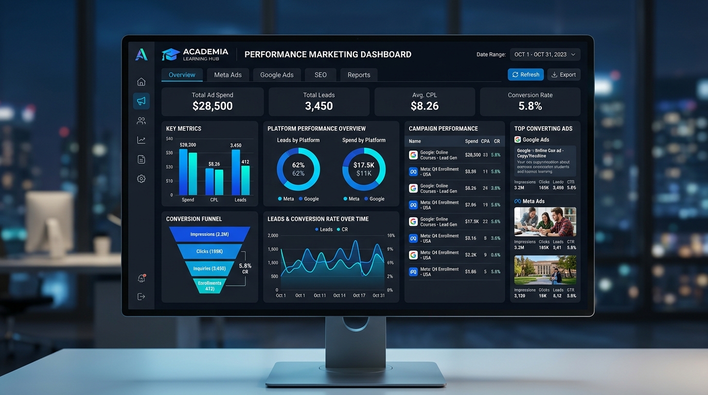 Performance marketing dashboard analytics showing Meta and Google ads lead generation for institute