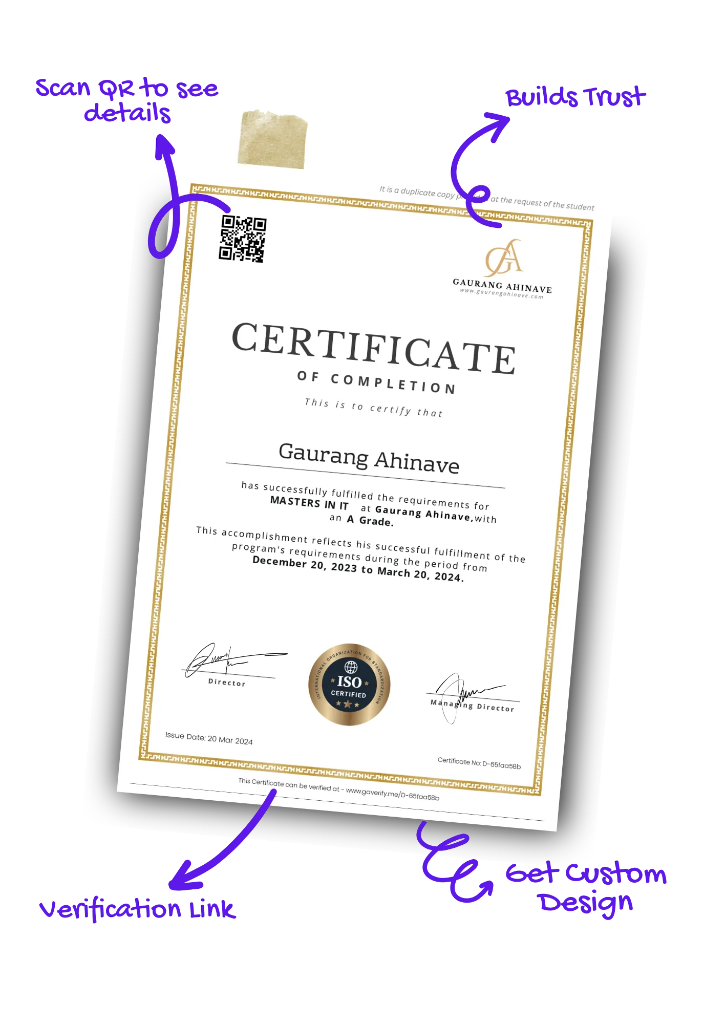 Sample digital certificate template demonstrating QR code verification mechanism and verification URL