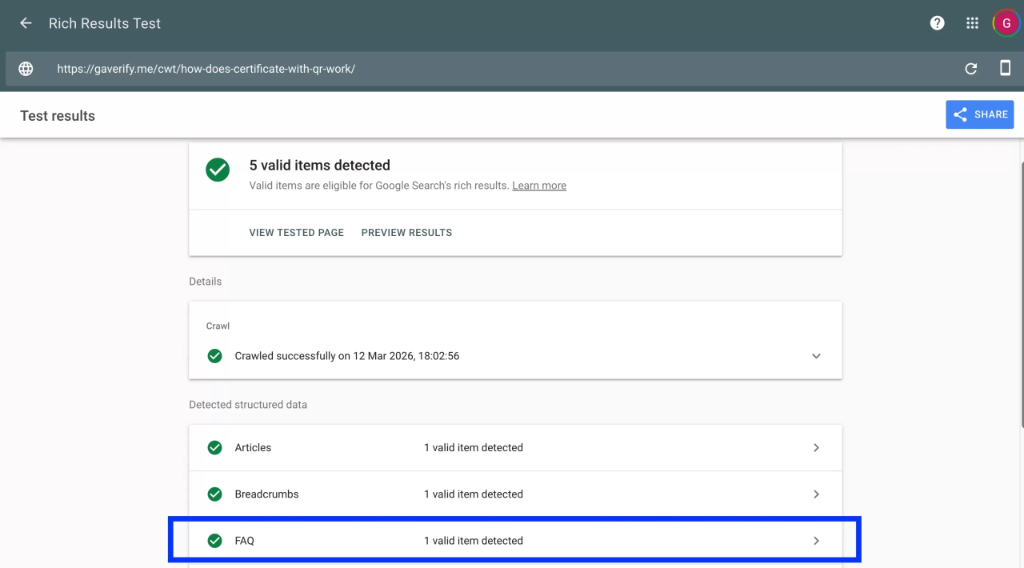 Google Rich Results Test showing valid FAQ schema