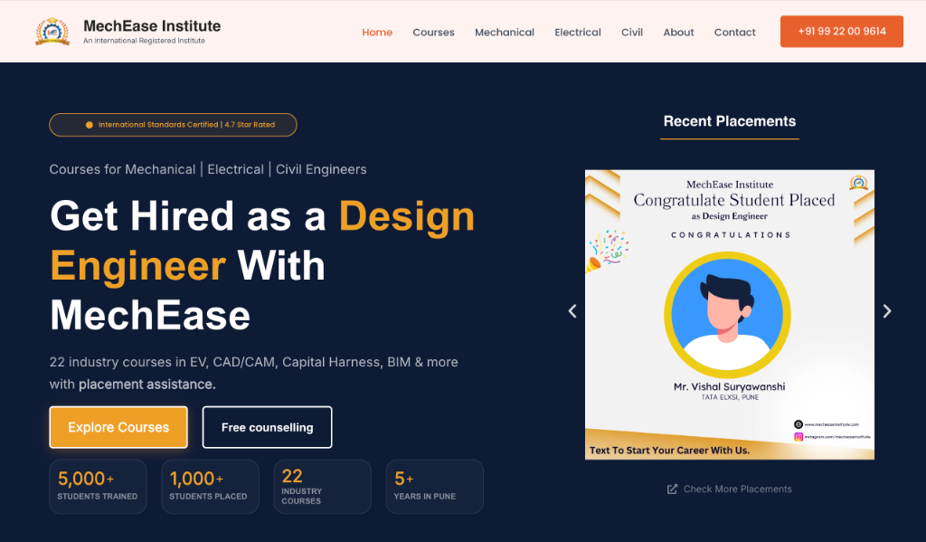 MechEase Institute Design Engineering Training Website Preview