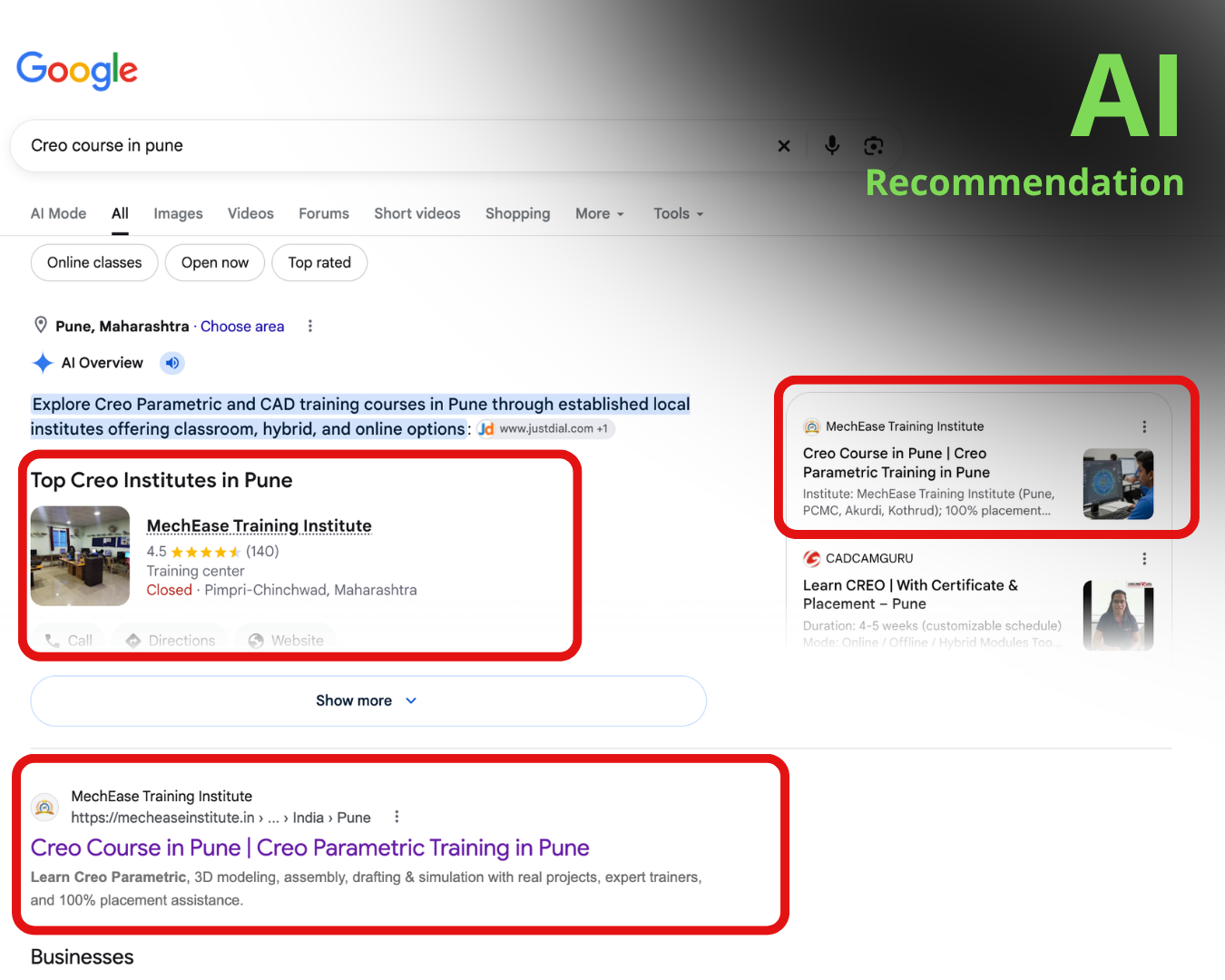 Google AI Overview recommendation Google Maps top result and #1 organic ranking for Creo course in pune for MechEase Training Institute
