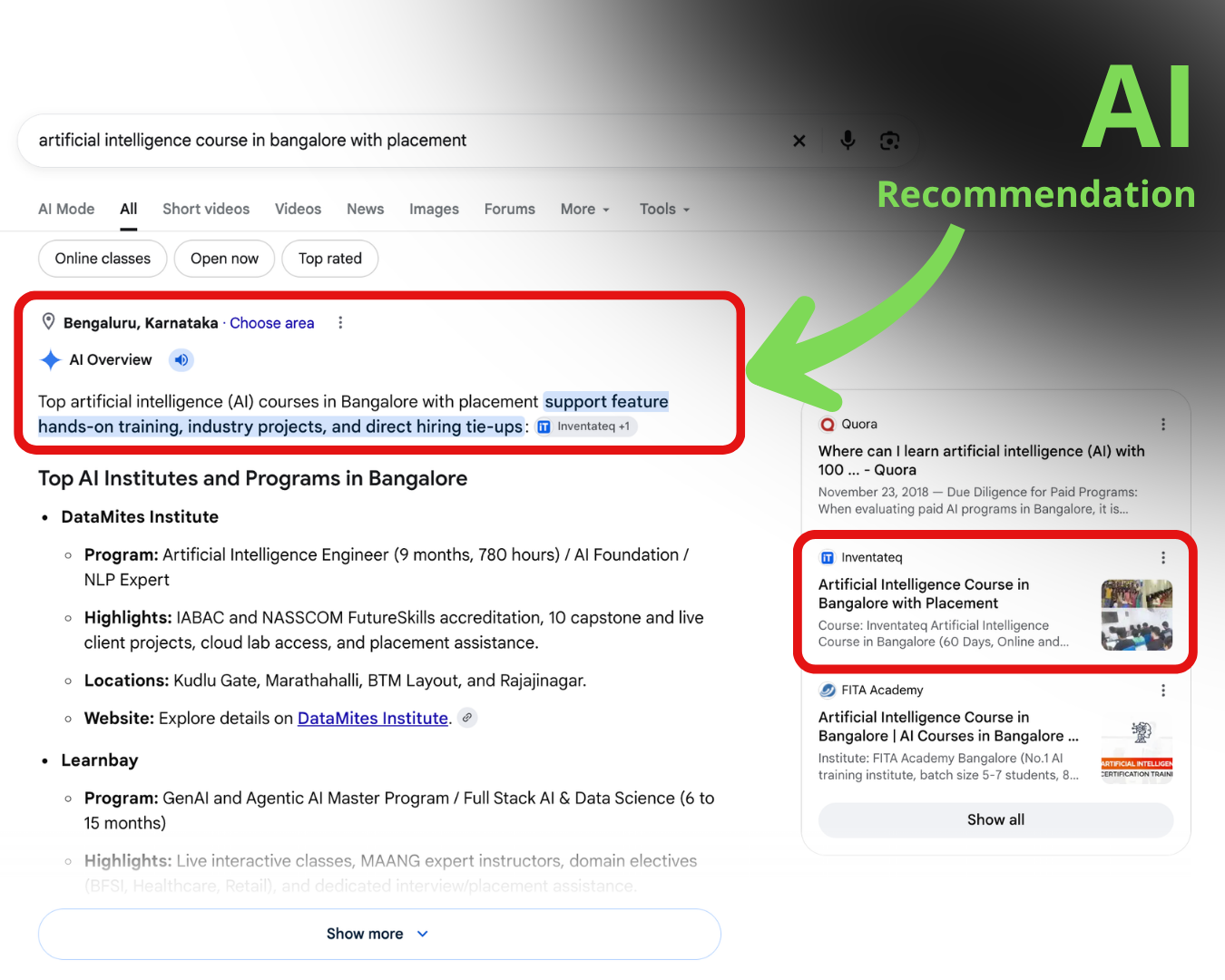 Google AI Overview featured recommendation for artificial intelligence course in bangalore with placement for Inventateq