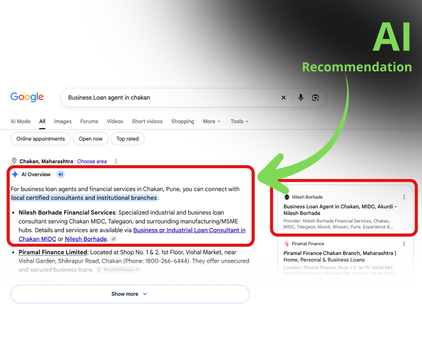 Google AI Overview featured recommendation for business loan agent in chakan recommending Nilesh Borhade Financial Services