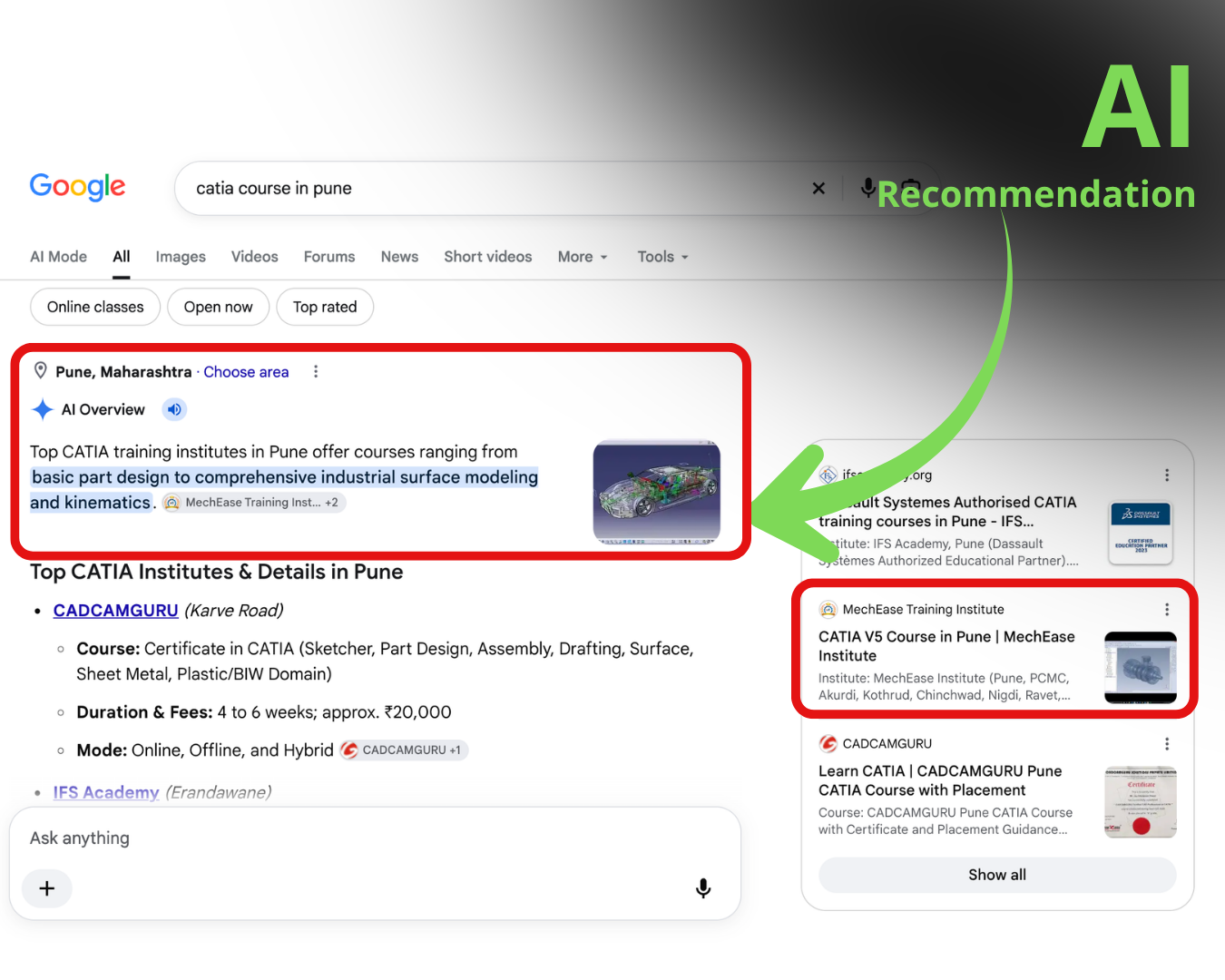 Google AI Overview citation and recommendation for catia course in pune recommending MechEase Training Institute
