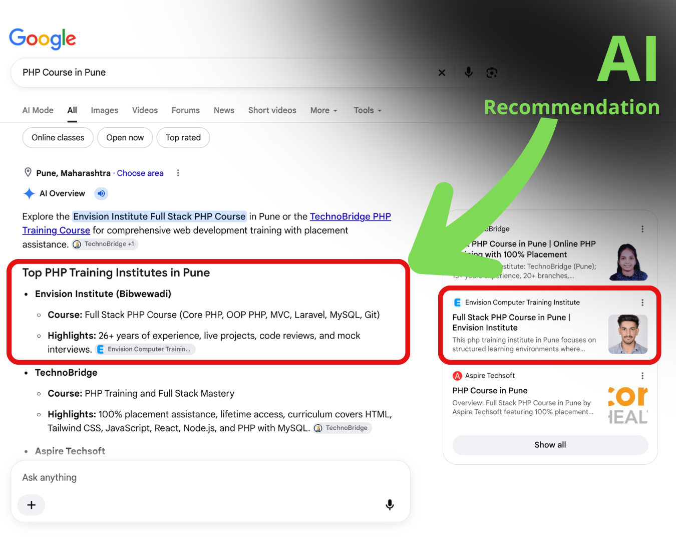 Google AI Overview top recommendation for PHP course in pune for Envision Institute