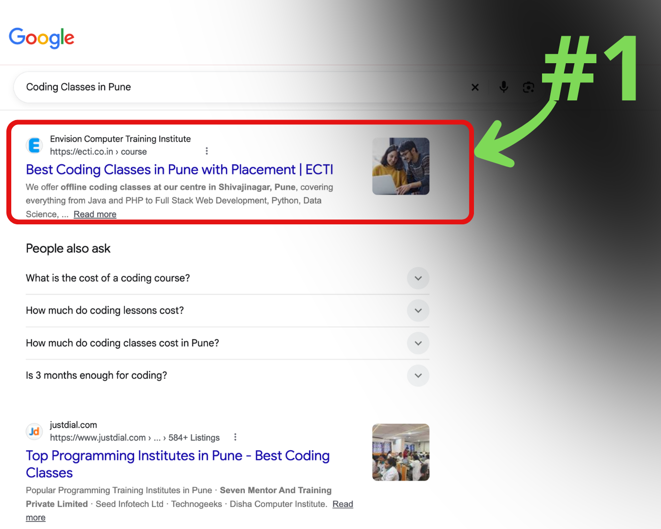 Number 1 Google ranking with rich media snippet for coding classes in pune for Envision Computer Training Institute
