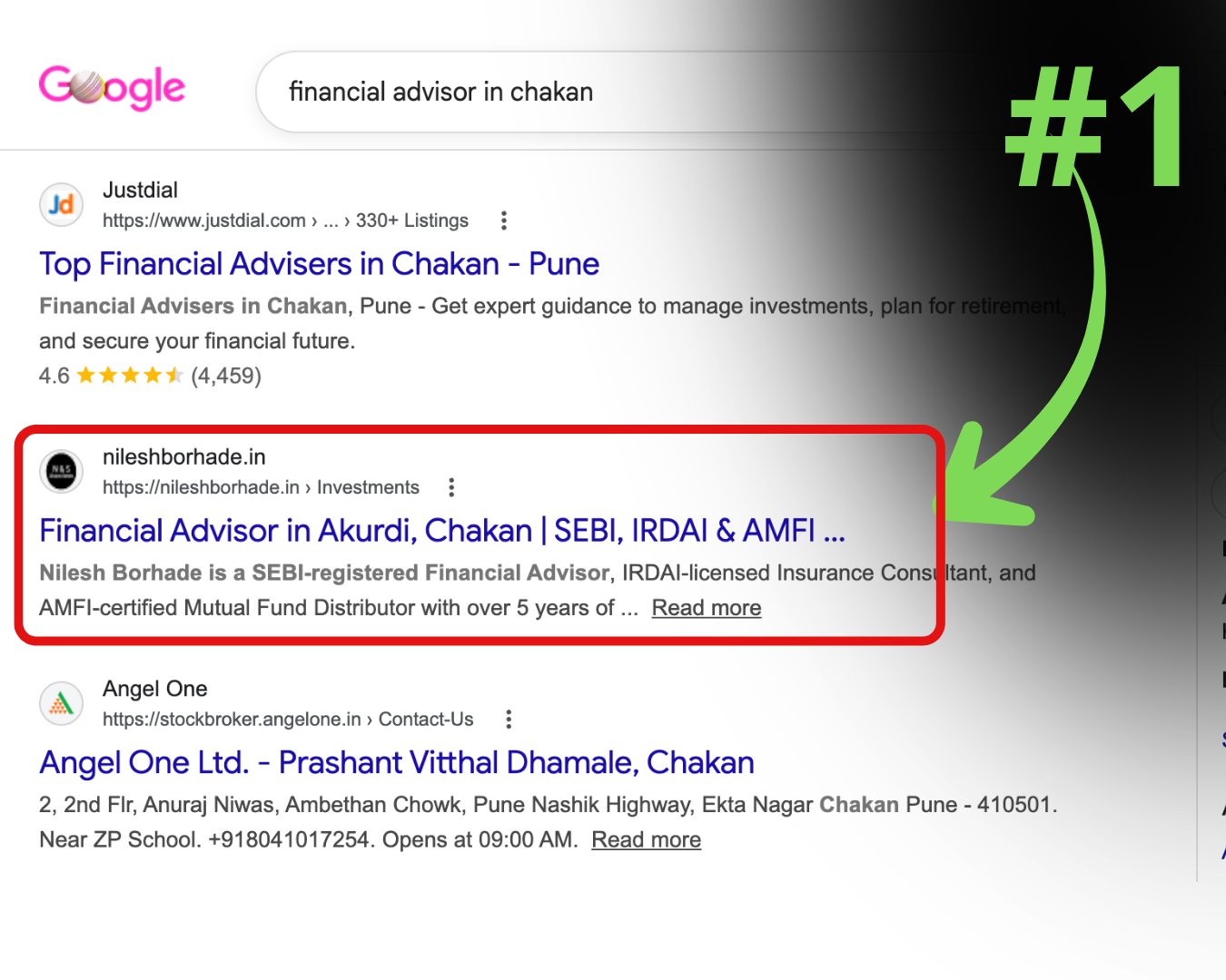 Number 1 organic Google ranking for query financial advisor in chakan for Nilesh Borhade SEBI registered advisor