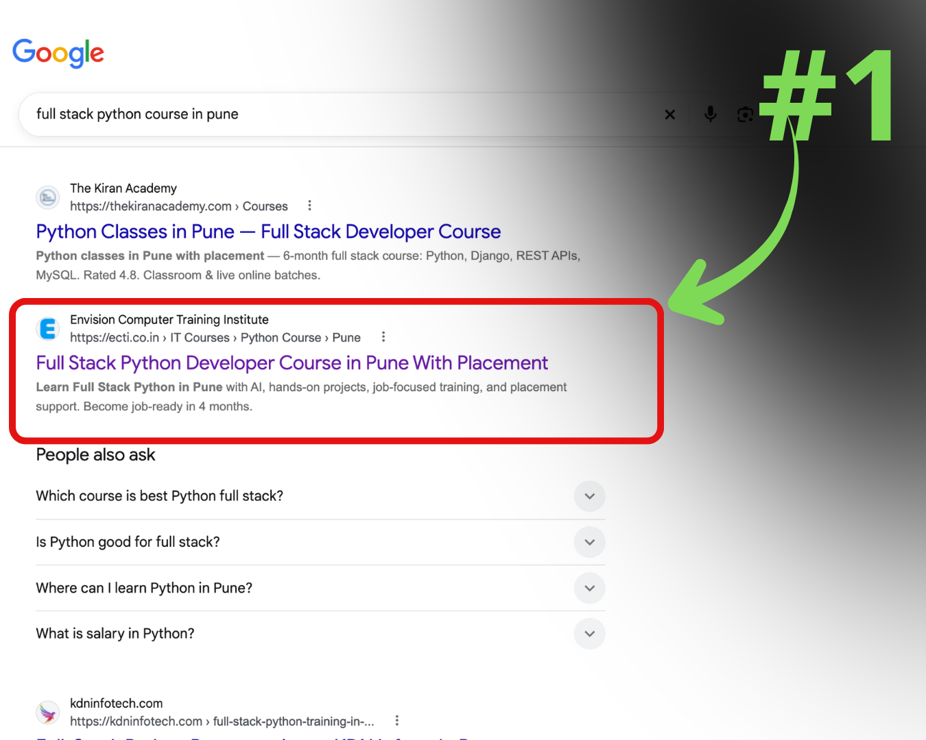 Number 1 organic search rank for full stack python course in pune for Envision Computer Training Institute
