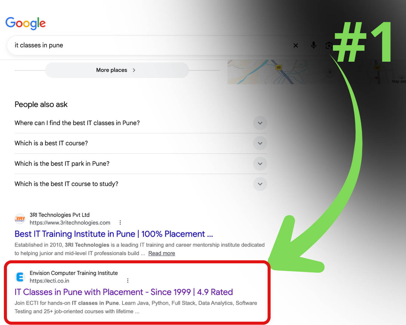 Number 1 Google organic rank for IT classes in pune for Envision Computer Training Institute