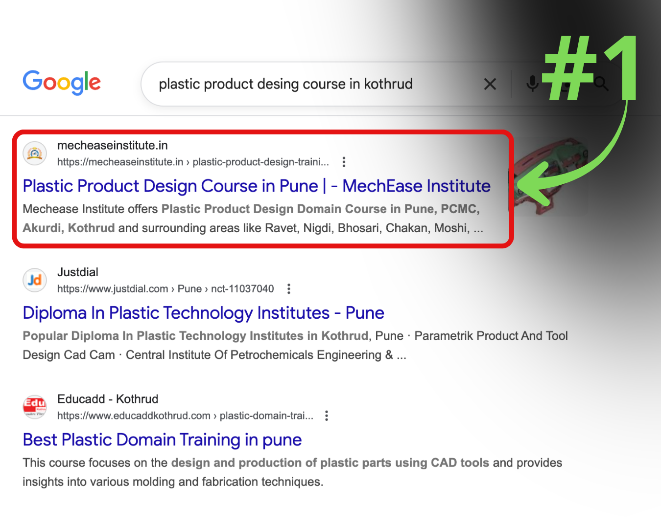 Number 1 organic Google ranking for plastic product design course in kothrud pune for MechEase Institute